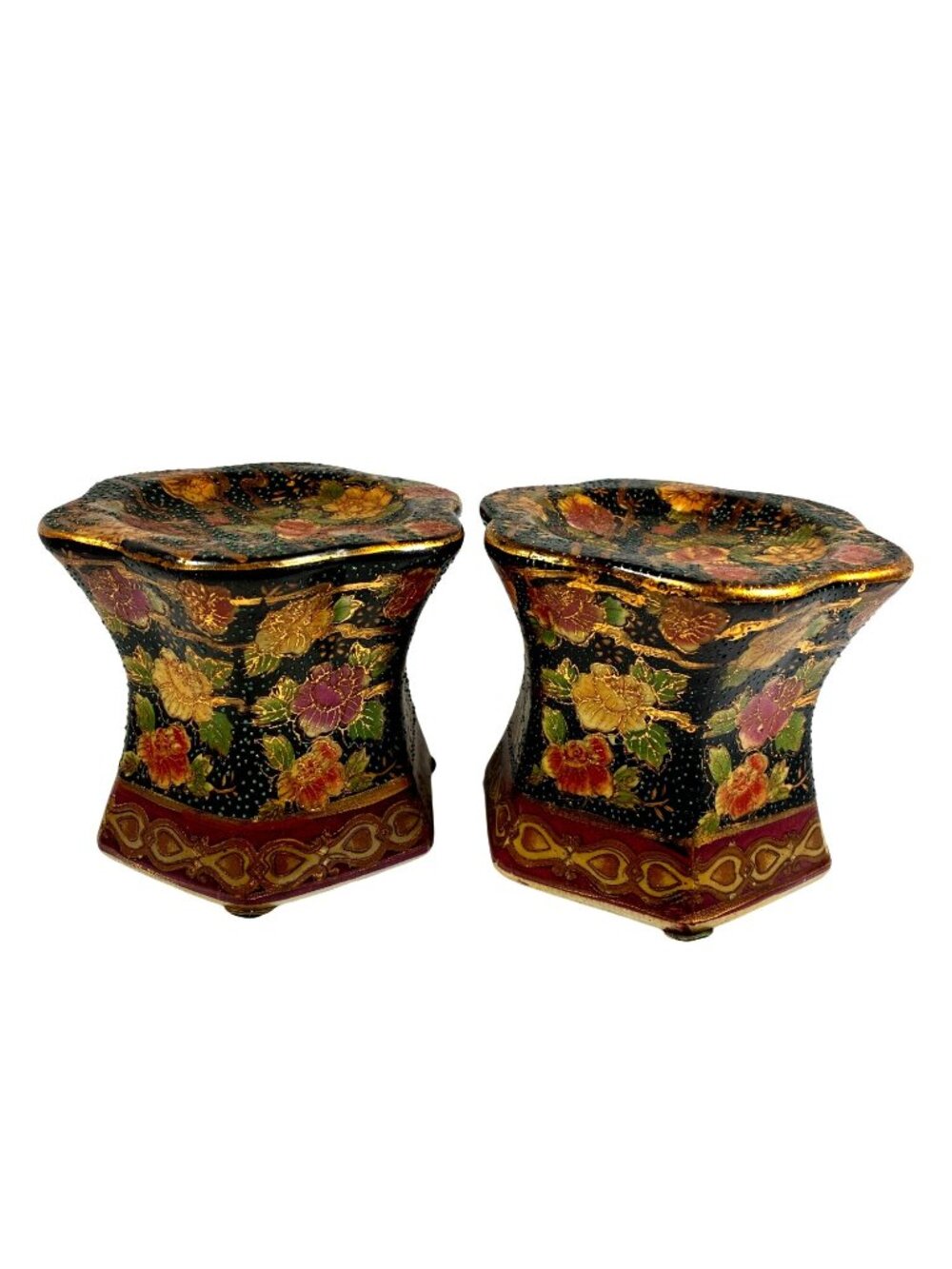 Vintage Floral Ceramic Pillar Candle Holders Pair Gold Scalloped